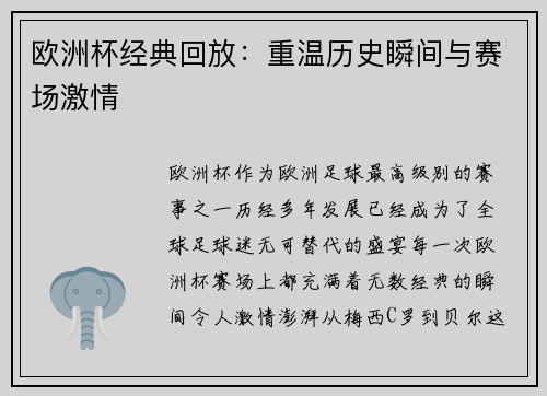 欧洲杯经典回放:重温历史瞬间与赛场激情 欧洲杯经典回放:重温历史瞬间与赛场激情